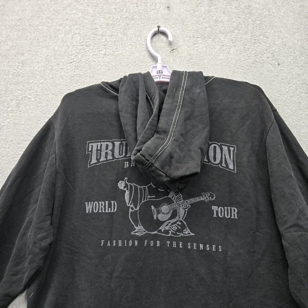 True Religion Men Hoodie L/G Black Embroidered Graphic Fleece Buddha Guitar